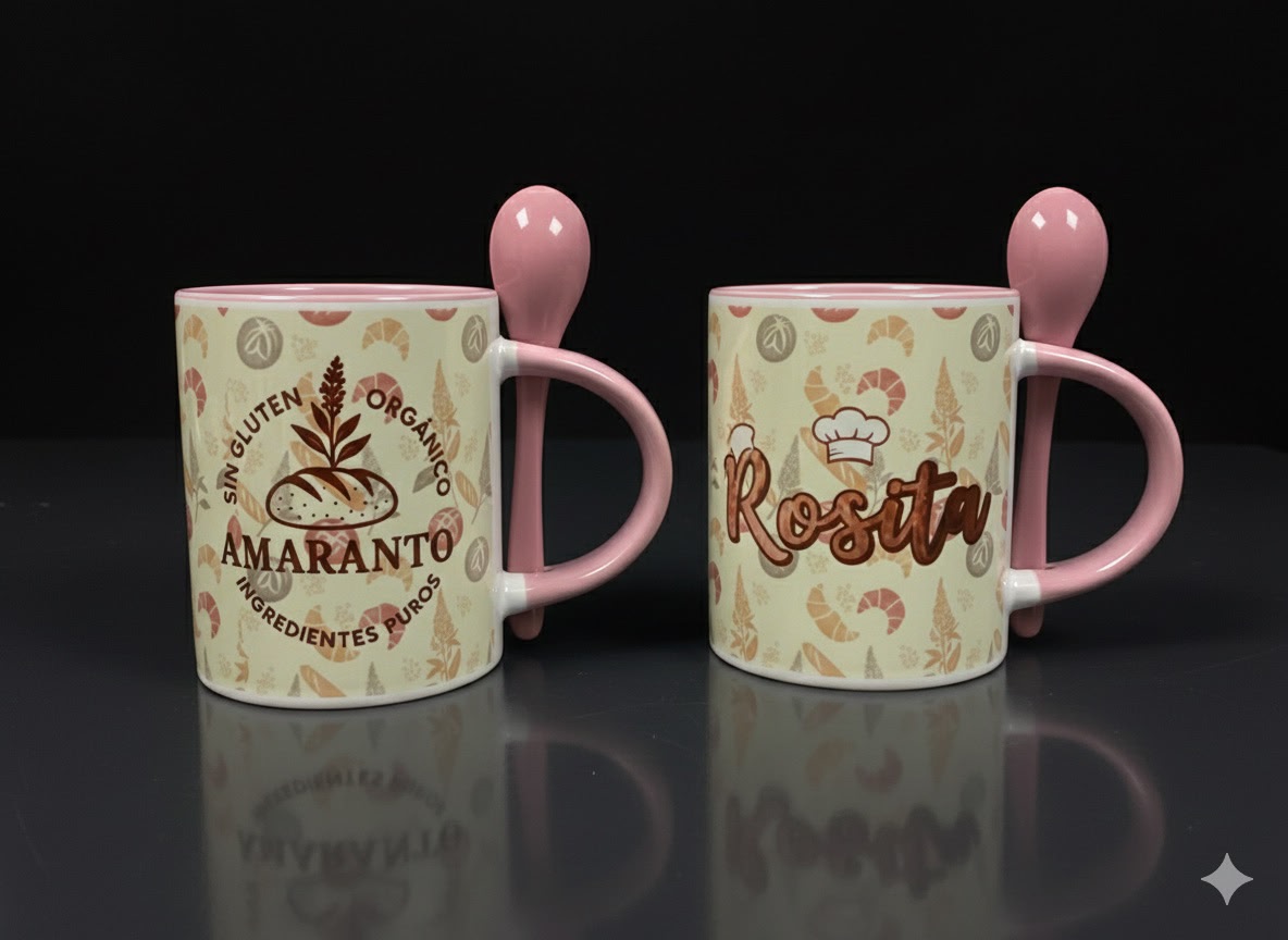 Tazas con cuchara Amaranto Rosita fondo negro